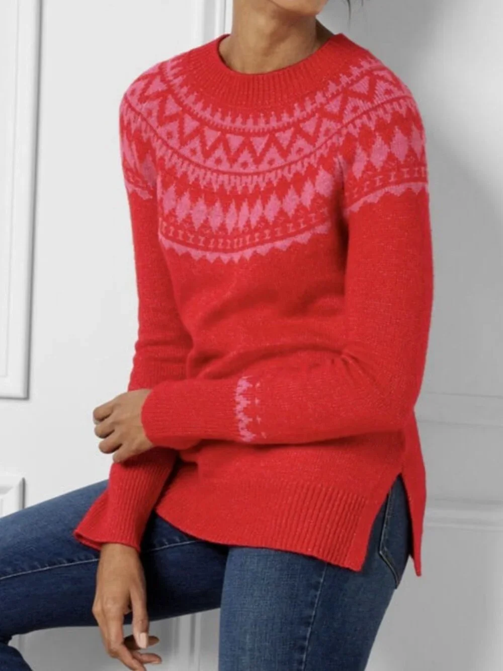 Talbots Fair Isle Sweater Womens 2X Red Pink Wool Blend Crew Neck Side Splits - Picture 2 of 9